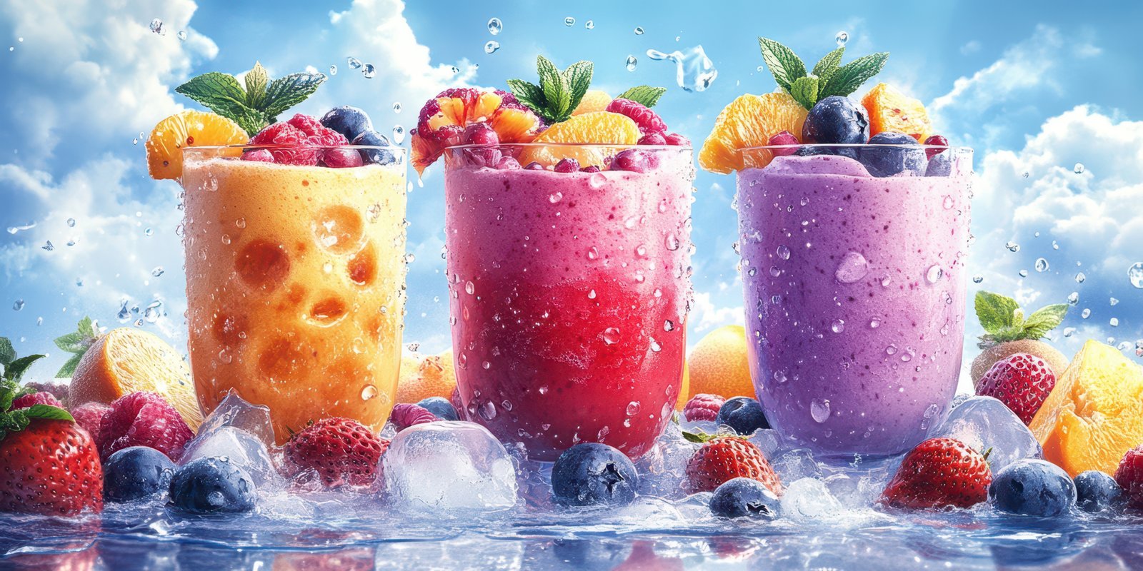 Colorful fruit smoothies served with ice and berries against a bright blue sky backdrop